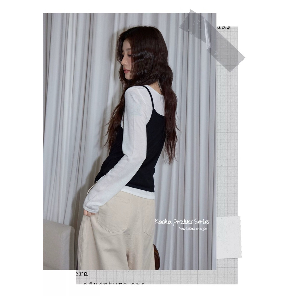 Cherry พร้อมส่ง☔️🧸เสื้อยืแขนยาวผู้หญิง เสื้อ2ชิ้นติดกับ ดีไซน์โปว์ผูกเอวเสื้อครอปทรงเข้ารูปสีดำคอกลม ลำลอง แฟชั่นผู้หญิ - รูปที่ 4