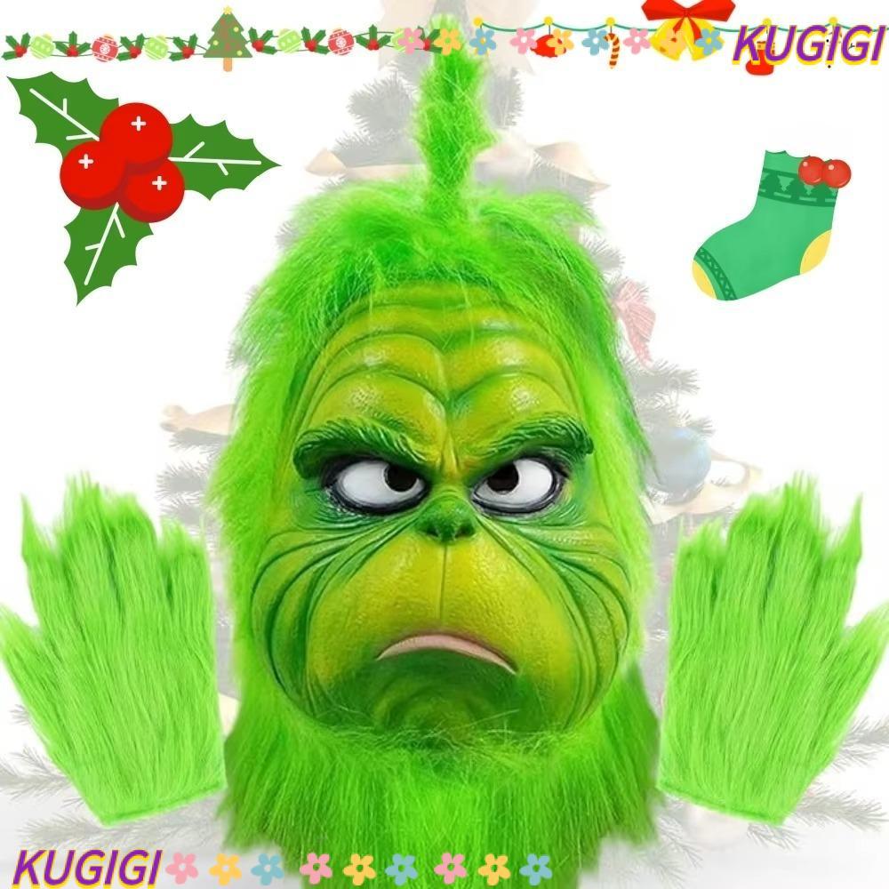 KUGIGI Grinch , Masquerade Latex Grinch Headgear, Anime Green Fur Freak Grinch Masque Party Supplies