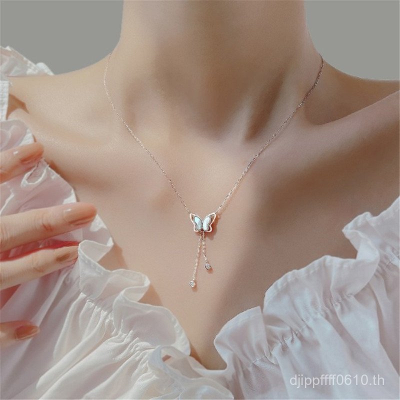 สร้อยคอมุกผีเสื้อ Fritillary สไตล์สตรีทด้วยวัสดุ s925 สเตอร์ลิงซิลเวอร์ พร้อมจี้พู่สำหรับผู้หญิง ADT