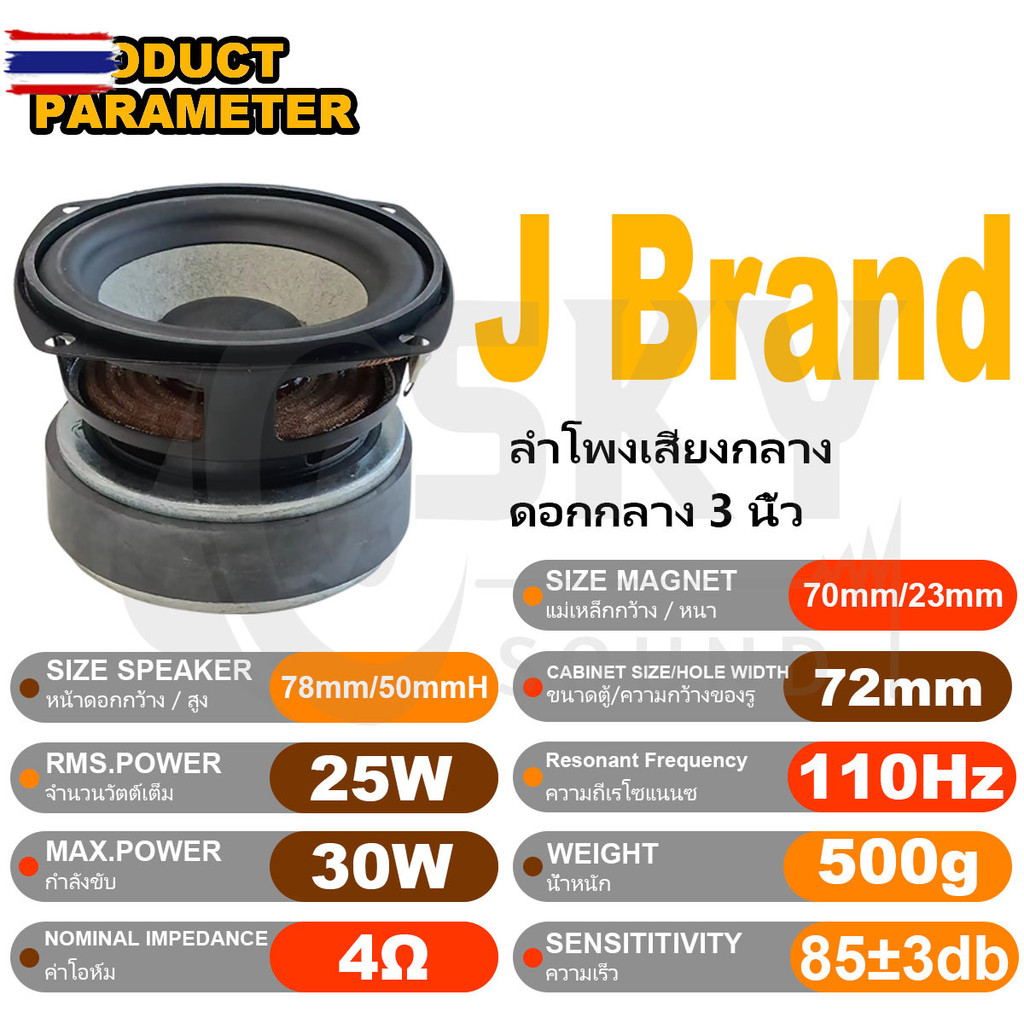 SKYSOUND J Brand ดอกกลาง 3 นิ้ว 4Ω 25W เสียงกลาง3นิ้ว ดอกลำโพง3นิ้ว ลำโพงฟูลเรนจ์ กลาง ดอก3นิ้ว hk 3