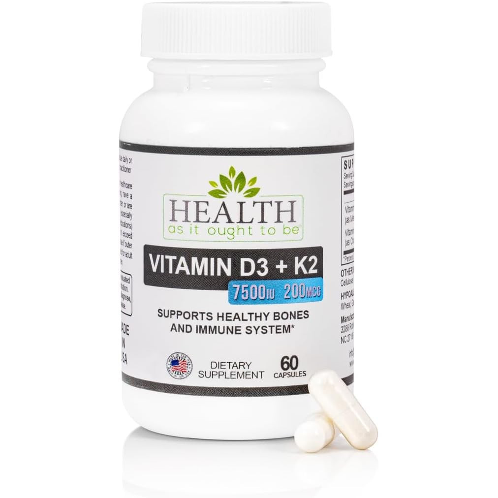 Health As It Ought To Be Vitamin D3+K2 อาหารเสริม | รองรับกระดูกเพื่อสุขภาพและสุขภาพภูมิคุ้มกัน | 60