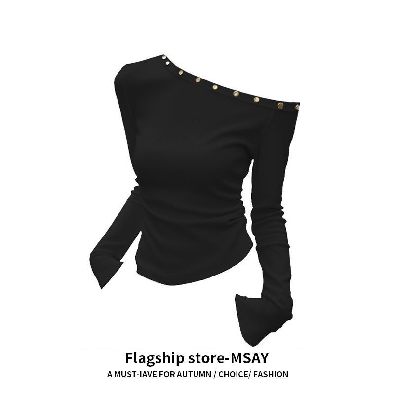 เสื้อยืดสีดำแขนยาวเปิดไหล่ สำหรับฤดูใบไม้ร่วง - รูปที่ 4