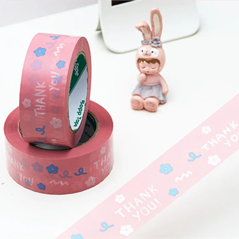 1 ม้วน 4.5 ซม. *100M Pink Flower Thank You Tape, Thank You Cartoon Sealing Tape, Self-Adhesive Gift 
