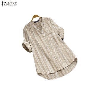 ZANZEA เสื้อเชิ้ตแขนสามส่วน ลายทางสไตล์เกาหลี สำหรับผู้หญิง