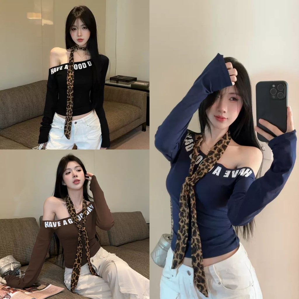 💖Evelyn💖เสื้อแขนยาว สีพื้นทรงรัดรูป ดีเทลเปิดไหล่ แต่งสกีนตัวอักษร เสื้อแฟชั่น สไตล์เกาหลี ใส่สบาย