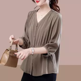 Red Berryเสื้อเบลาส์คอวีแขนสามส่วนสไตล์ฝรั่งเศสสำหรับผู้หญิง ประจำฤดูใบไม้ผลิ/ฤดูใบไม้ร่วงW683