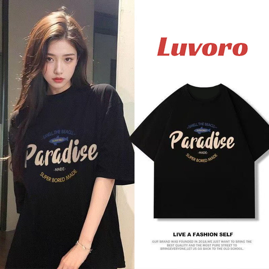 (ผ้าฝ้าย 100%) Luvoro 2025 เสื้อยืด เสื้อยืดสีดําสีขาวขนาดบวกเสื้อยืดสีขาวสีดําย้อนยุครอบคอผู้ชายผู้