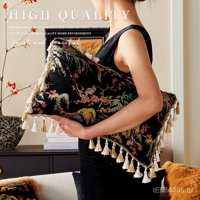 ห้องนั่งเล่น High-End หรูหราสีดําบรรยากาศใหม่จีนเบาะหมอนโซฟาสไตล์จีนปลอกหมอนรู้สึกกลับเบาะ 53FF