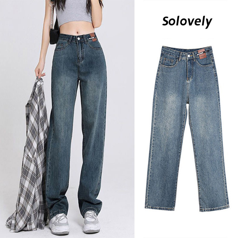 Solovely ผู้หญิง ยีนส์ สไตล์เกาหลี กางเกง เอวสูง ลายสก๊อต กางเกงขาตรง