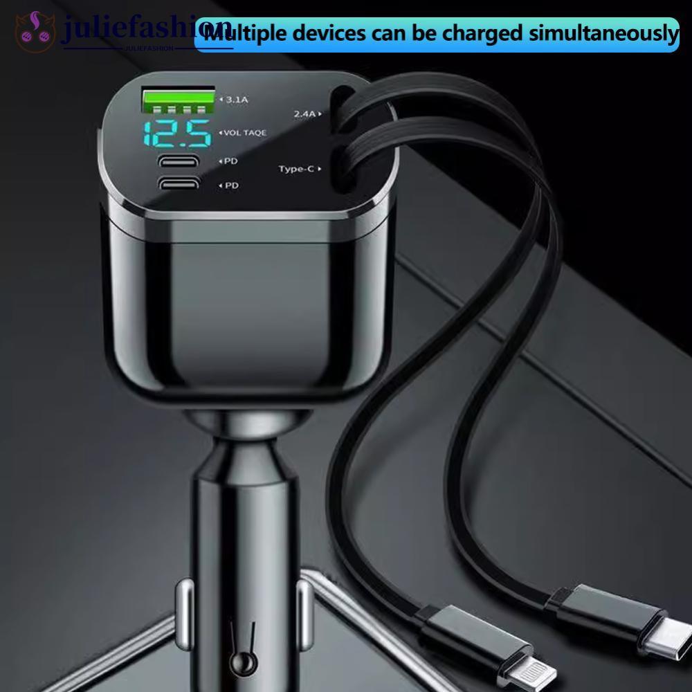 JULIEFASHION 360 Rotation Retractable Car Charger Fast Charging USB Type-C Power Adapter พร้อมสาย LE