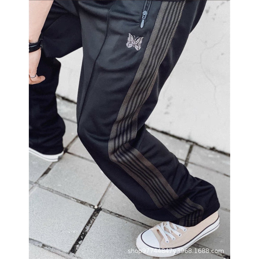 Needles track Black and Brown Striped Ribbon Embroidered Sports Casual Pants for Men