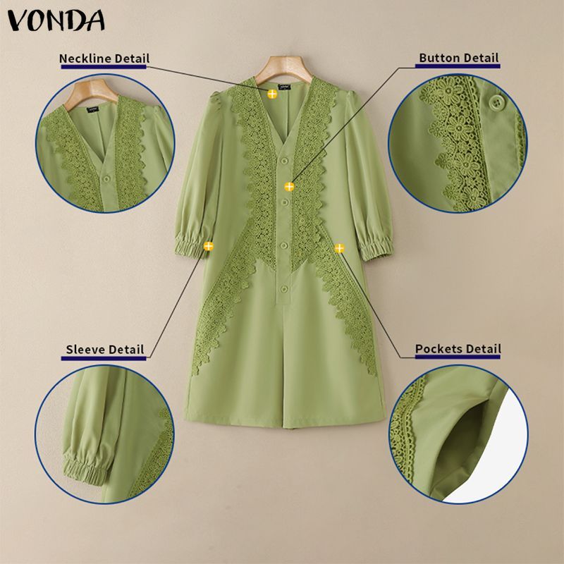 VONDA ผู้หญิงเกาหลีสไตล์หรูหรา V คอลูกไม้ Patchwork Single-Breasted ขากว้างฤดูใบไม้ผลิ/ฤดูร้อน Jumpsuits — صورة 7