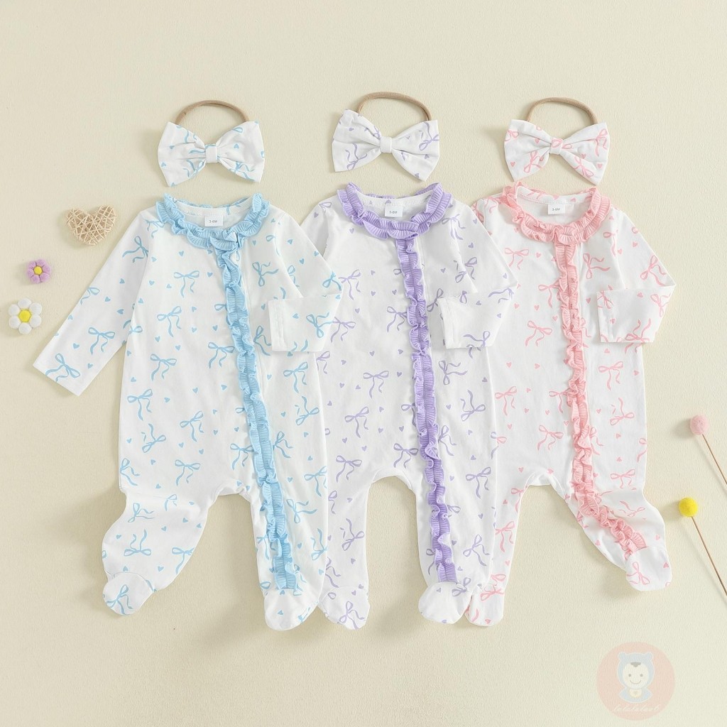 ชุดเสื้อคลุมขาสำหรับทารกแรกเกิด แขนยาว พิมพ์ลายโบว์ ตัดแต่งรอบคอมีซิป และมาพร้อมแถบคาดศีรษะ