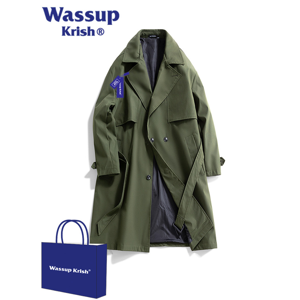 WASSUP KRISH Army Green เสื้อแจ็คเก็ตยาวถึงเข่า สำหรับต้นฤดูใบไม้ร่วง เสื้อผู้ชายคุณภาพสูง