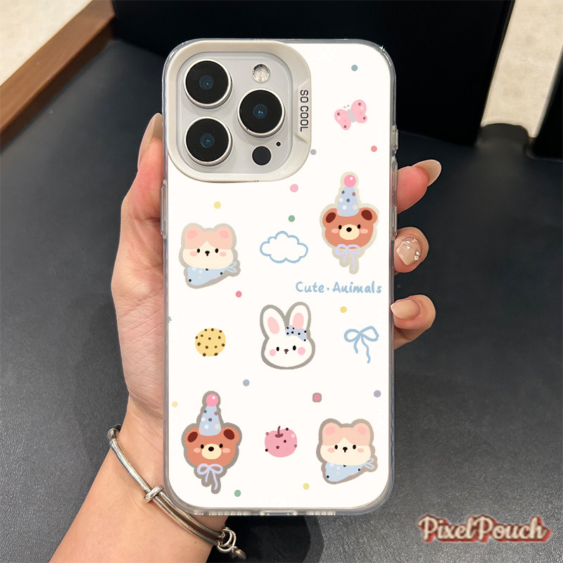การ์ตูนหมีน้อยกระต่าย เคสโทรศัพท์มือถือ สำหรับ iPhone 11 12 13 14 15 17 Pro Max XR X XS 7 8Plus เคซิลิโคนุ่มส สีเงิน เคส