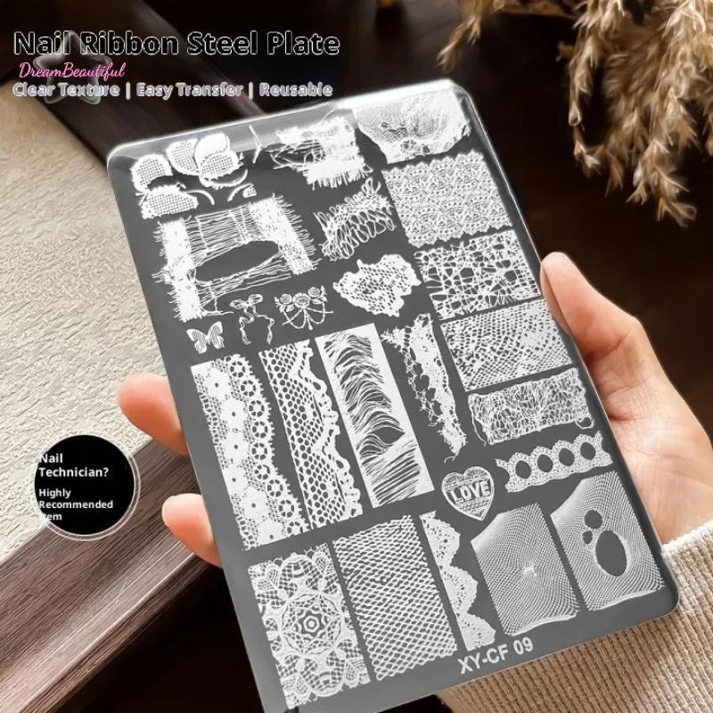 <DBFl-t>ภาษาฝรั่งเศสคําลูกไม้ริบบิ้นสายเล็บปั๊มแผ่นภาพ DIY การพิมพ์ลายฉลุเครื่องมือสแตนเลสเล็บแสตมป์แม่แบบใหม่