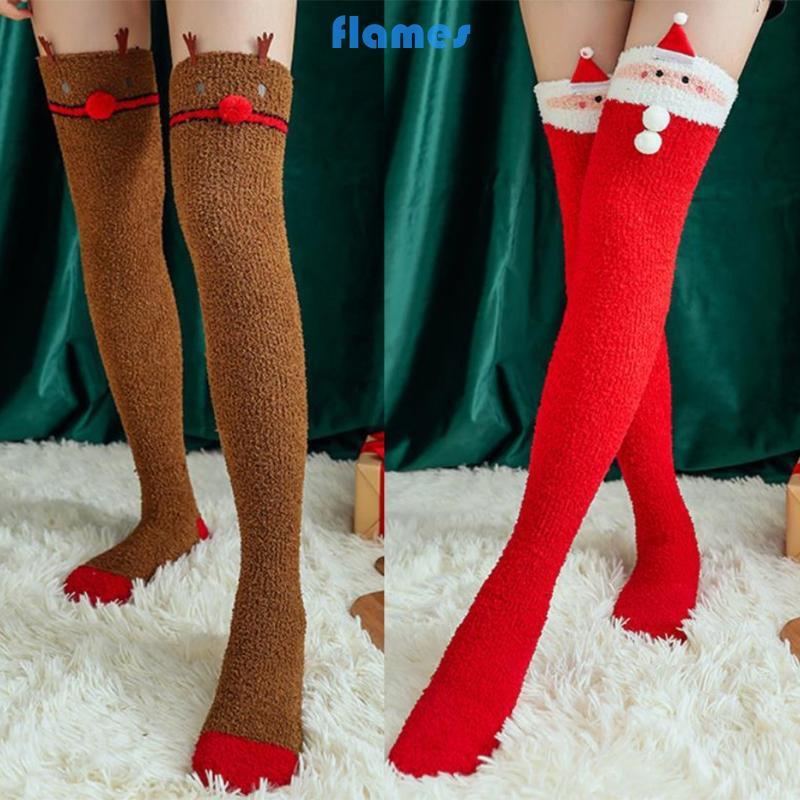 ถุงน่อง femur fuzzy สไตล์คริสต์มาสสำหรับผู้หญิง สวมเหนือเข่า