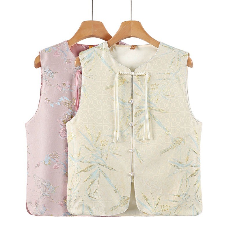 Classy ปุ่มชาติพันธุ์รอบคอ Retro Jacquard เสื้อกั๊กสไตล์จีนจีนถักเสื้อกั๊กสไตล์จีนแขนกุดผ้า ERHU