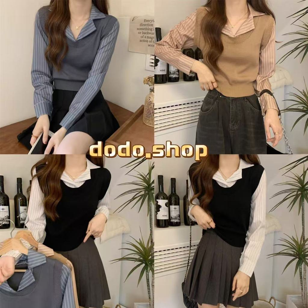 DODO*พร้อมส่ง*เสื้อคอปกไหมพรมแขนยาวลายทาง ดีเทลเย็บติดกัน สไตล์เกาหลีเกาใจ(J153)