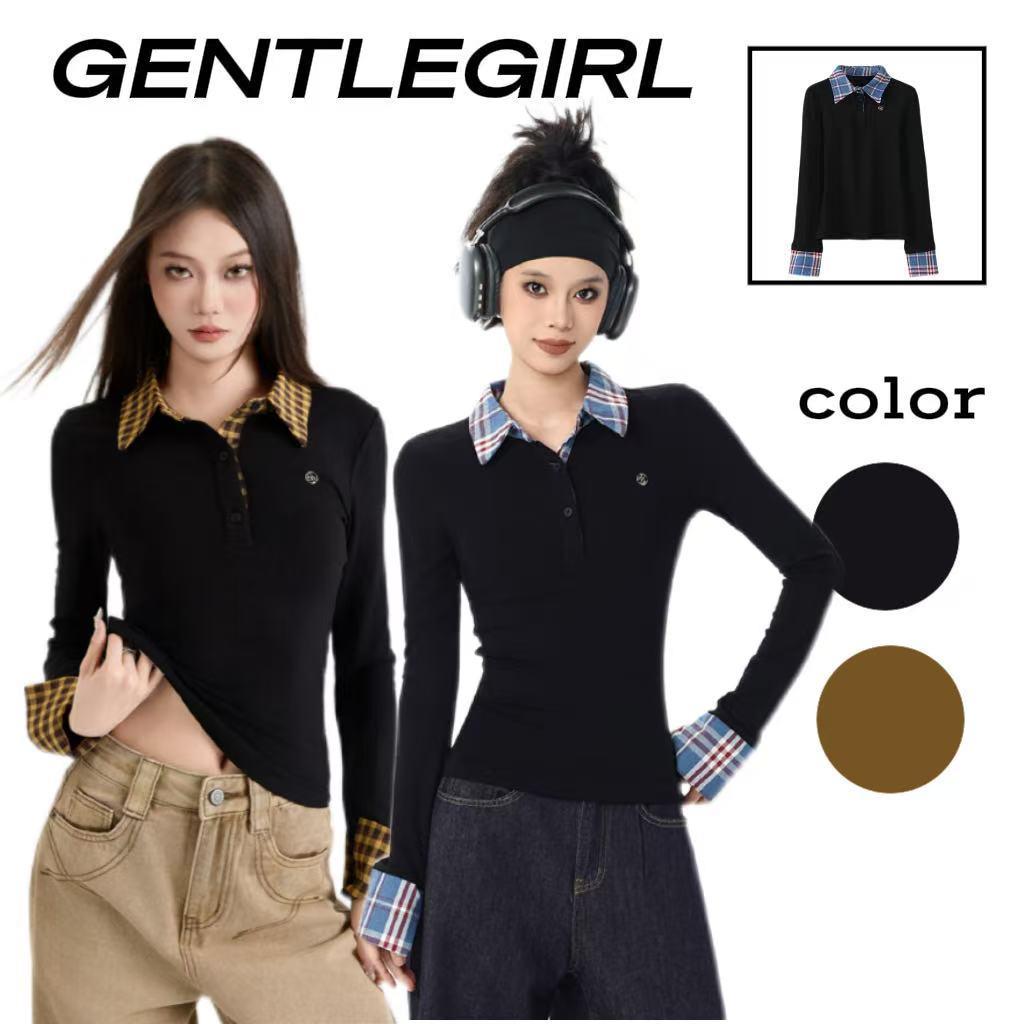 #GG🎀จัดส่งที่รวดเร็ว🎀เสื้อยืดสไตล์เกาหลีเข้ารูปสำหรับผู้หญิงฤดูใบไม้ร่วงใหม่พร้อมคอกลมแบบพับลงผ้าลายสก็อตเทียมสองชิ้น