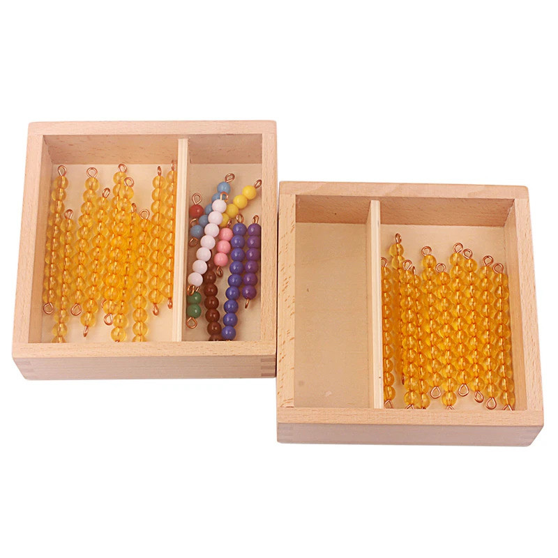 Montessori Math Bead Toys 10 Pcs Golden Beads Bars & Colorful Beads Bars 1-10 with Wooden Box Beads 