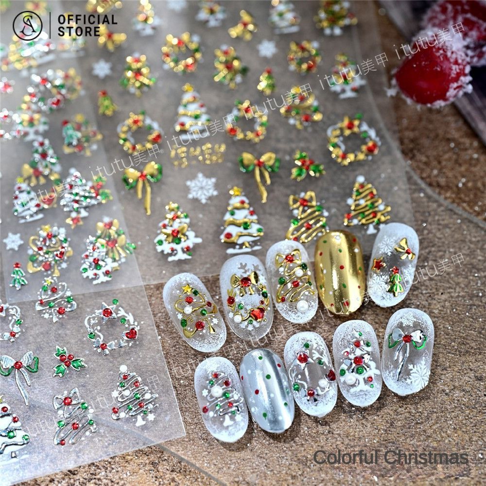 ใหม่ ต้นคริสต์มาสสีสันสดใส สติ๊กเกอร์ตกแต่งเล็บ พวงมาลัยประทับทอง ลายเกล็ดหิมะ โบว์ สติ๊กเกอร์กาวปลายนิ้ว