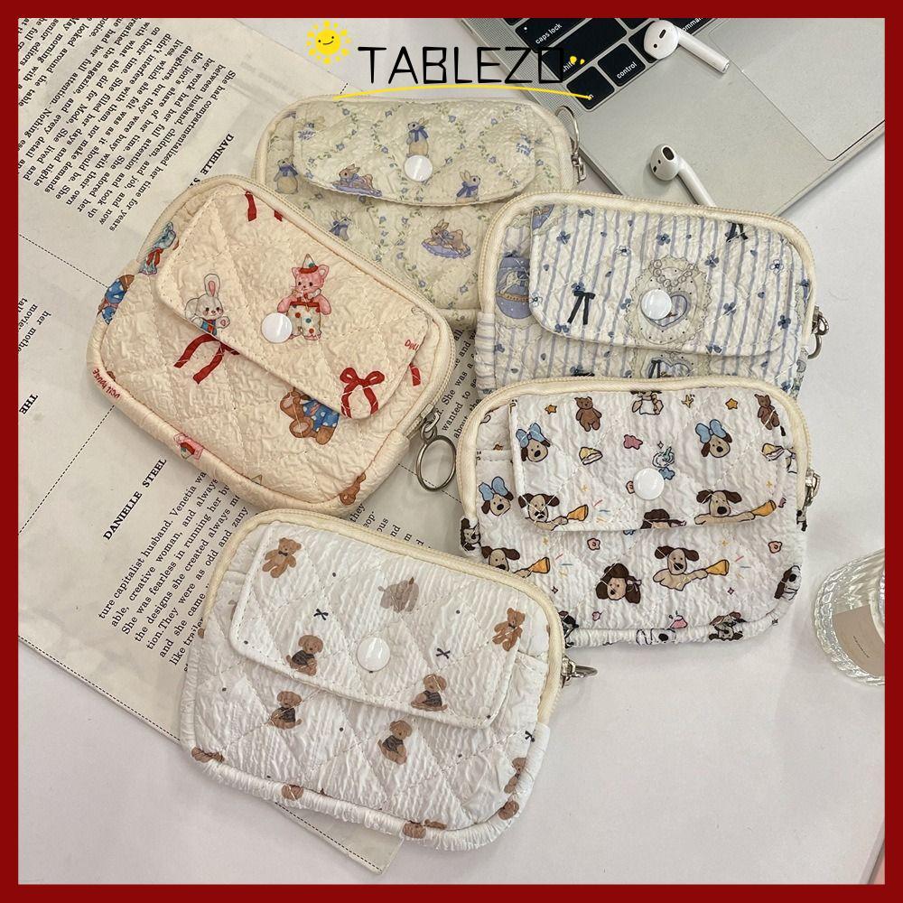 TABLEZO กระเป๋าใส่เหรียญและบัตร พิมพ์ลายดอกไม้การ์ตูน ออกแบบควิลท์น่ารัก มัลติฟังก์ชัน