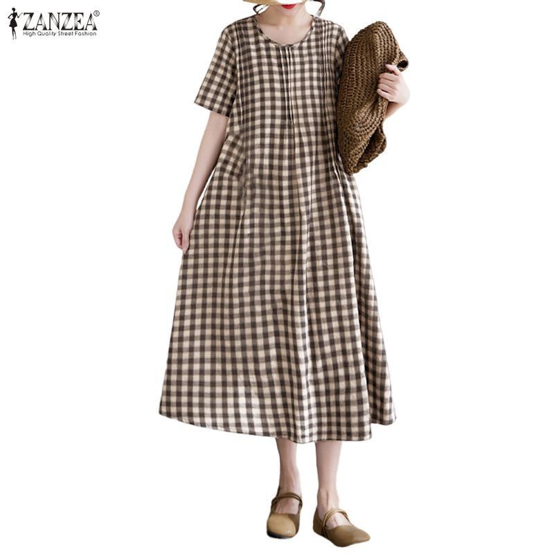 ZANZEA ชุดเดรสคอกลมแขนสั้นลายสก๊อตแบบ Midi สําหรับผู้หญิง - รูปที่ 4