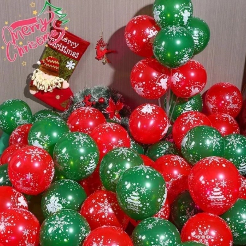 ส่งไว|ถูก ลูกโป่งคริสต์มาส เซตลูกโป่งยาง (ชุดละ 30ใบ) ลูกโป่งเขียวแดง ลูกโป่งคริสมาส Merry Christmas Balloons