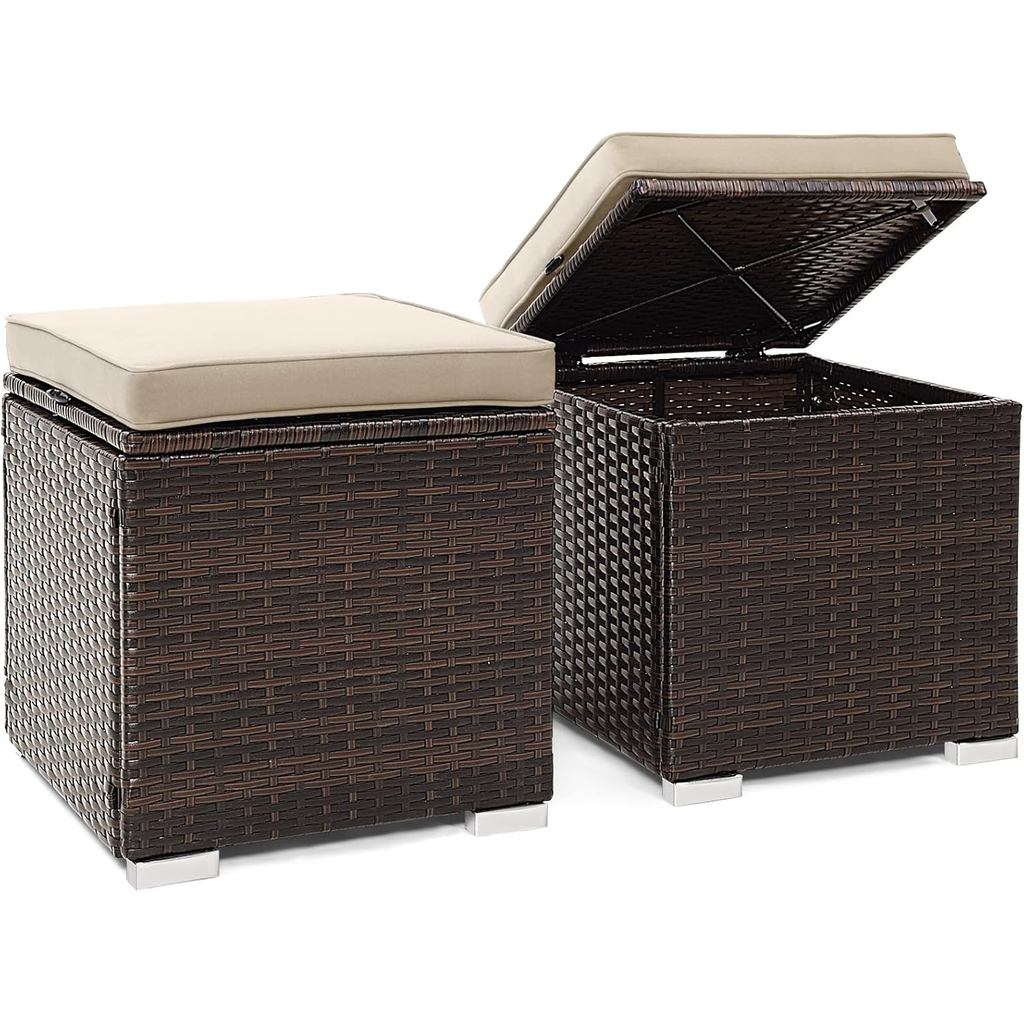 Tangkula 2 Pieces Patio Ottomans, Patiojoy Hand-Woven PE Rattan Side Table with Removable Cushion & 
