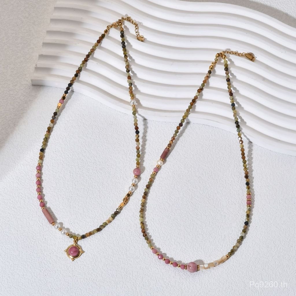 สร้อยคอมากกว่าสำหรับผู้หญิง สีหินธรรมชาติและRhodolite ดีไซน์คลาสสิกพร้อม.quality.GBT