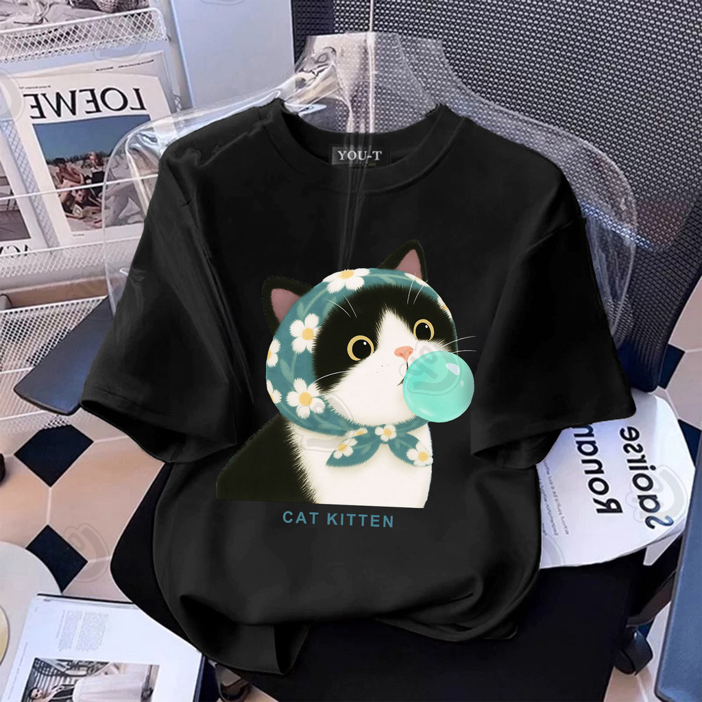 Basi💥เสื้อแฟชั่น เสื้อยืด oversize ผ้าฝ้าย100% แนวสตรีท ไม่ต้องรีดผ้า สวมใส่สบาย ผ้านิ่ม  ลาย 'CAT KITTEN'