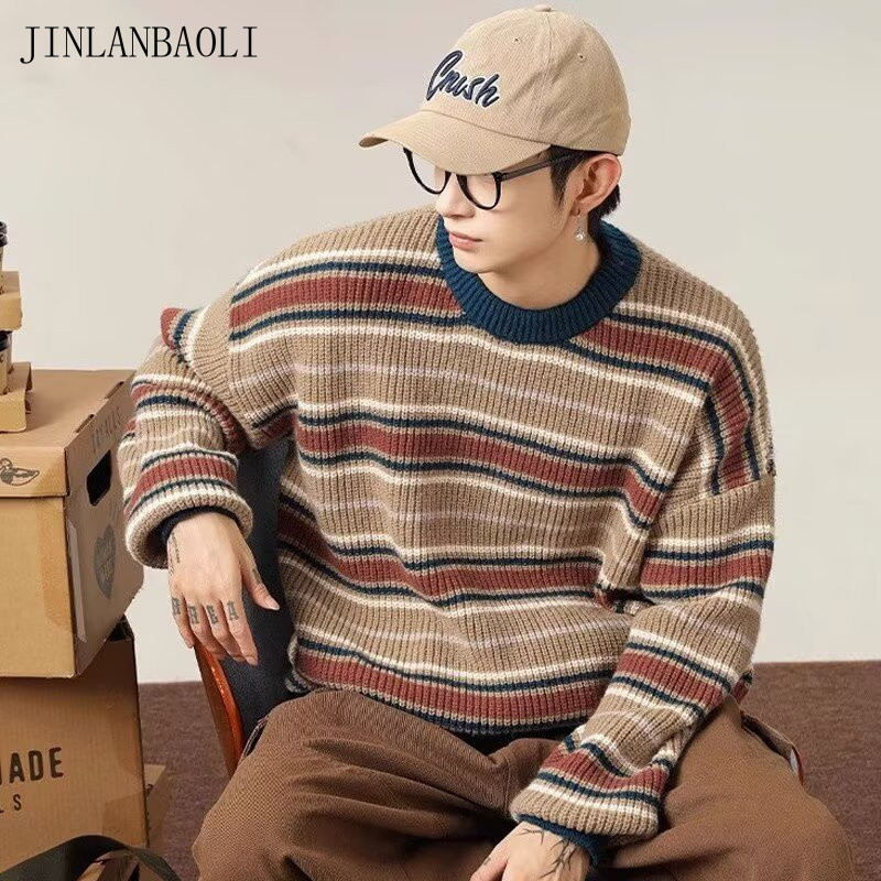 เสื้อสเวตเตอร์คอกลมลายทางสําหรับคู่รักเสื้อไหมพรมทรงหลวมและลําลอง