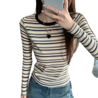 FASHION.61 เสื้อยืดเเขนยาว ลายทาง เนื้อผ้าดีผ้ายืด ขนาด S-2XL อก 32-40 นิ้ว รุ่น W7807