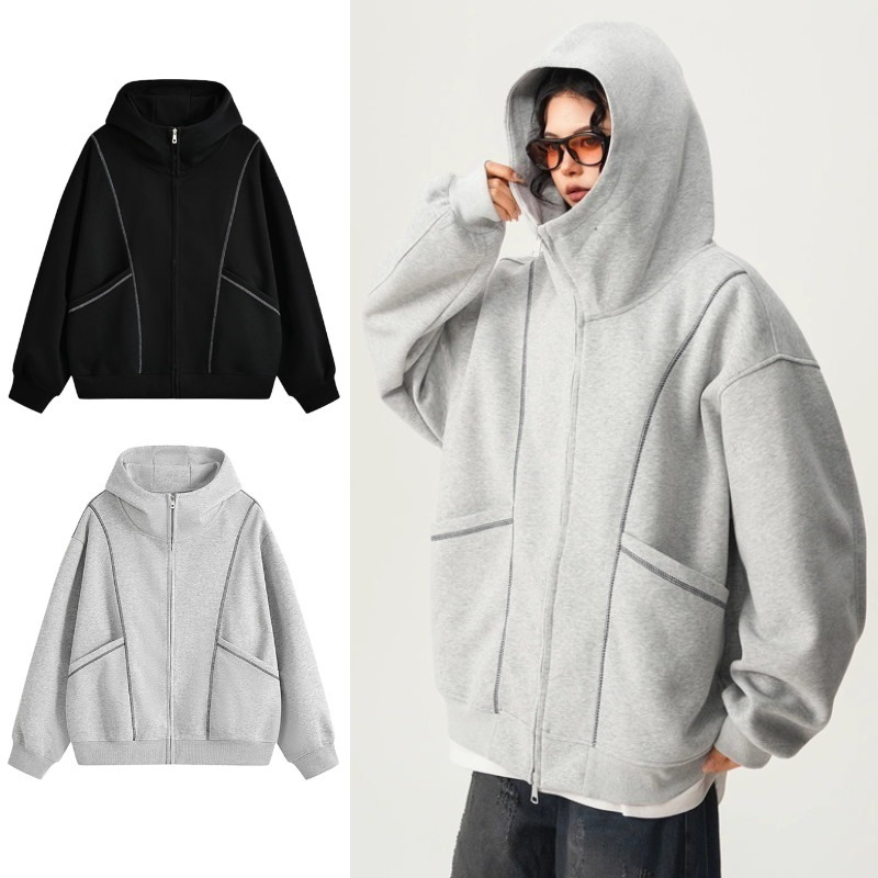 Suikone เสื้อกันหนาวมีฮู้ดผู้ชาย American high-street deconstructed design สไตล์ unisex layer