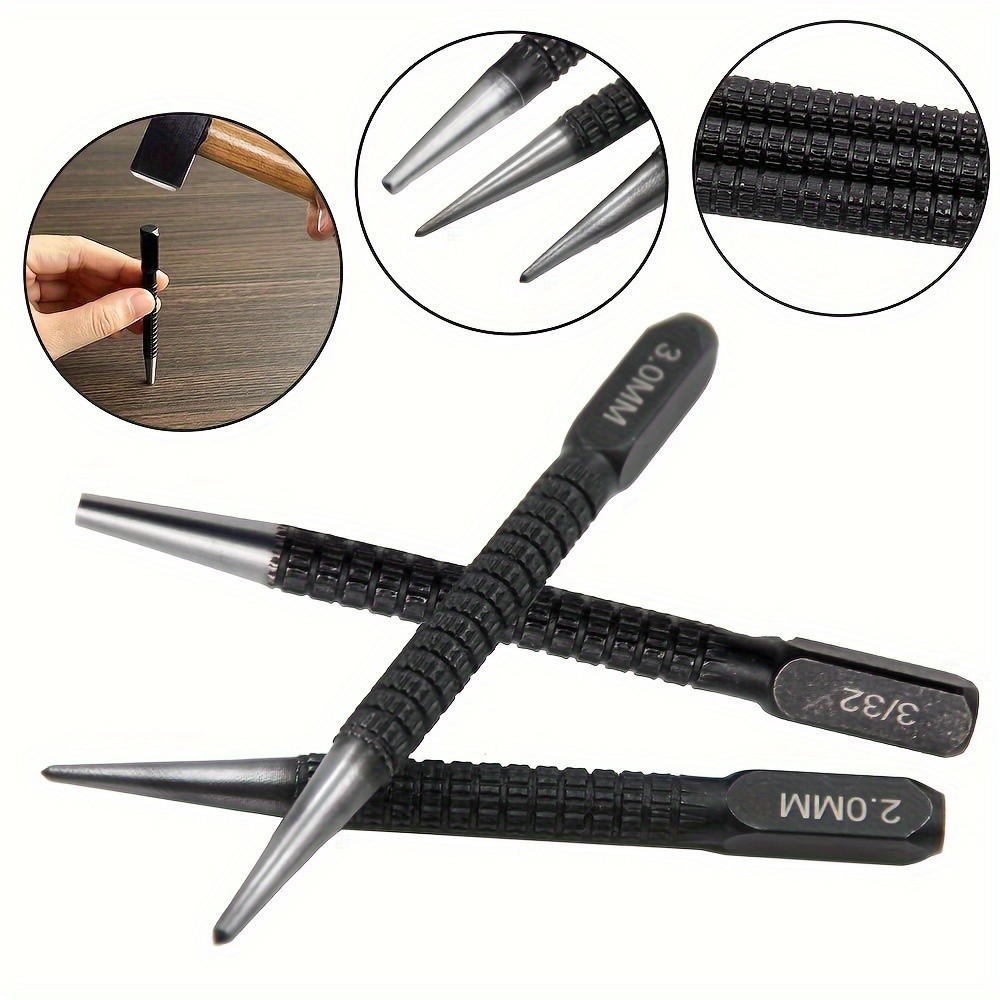 4 ชิ้นความเร็วสูงเหล็กเล็บ Setter Punch & Center Punch Set - Nail Square Punch Head Black Nail Punch