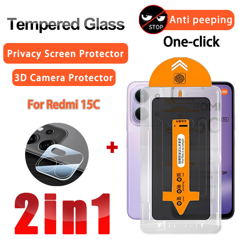 2 IN 1 ความเป็นส่วนตัวฟิล์มแก้วสําหรับ Redmi 15C 5G 4G กระจกนิรภัยสําหรับ Redmi 15C 15 14C 13C 13 12 12C 5G 4G 3D ฟิล์มแก้วเลนส์ & ป้องกันหน้าจอติดตั้งง่าย Anti-Spy
