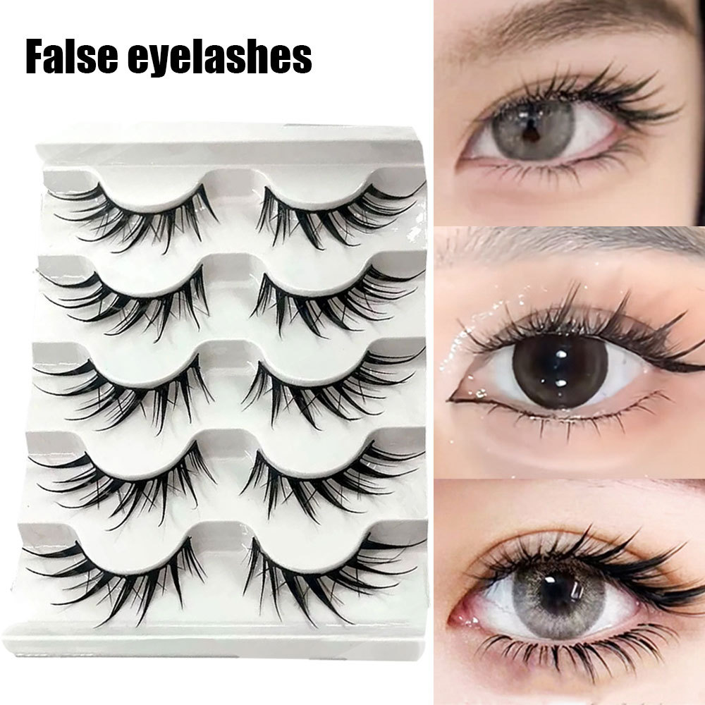 Natural Fairy Lash Extension 3D ไทยสไตล์เปียกขนตาปลอมมังงะ Cross Curling หนายาวสีดํา Big Eyes Daily Eye แต่งหน้า 5 คู่