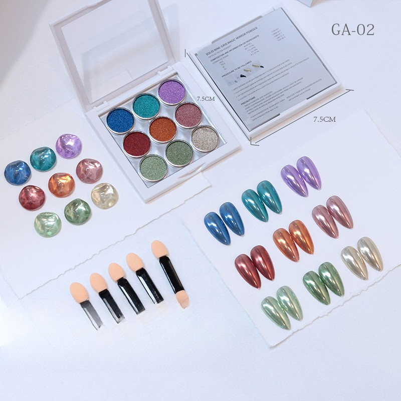 ผงขัดเล็บตลับ 9 สี พาเล็ตต์ผงกระจกแต่งเล็บ 9 ช่อง เนื้อโซลิดเกล็ดวิ้ง Solid Mirror Nail Powder -NT nail