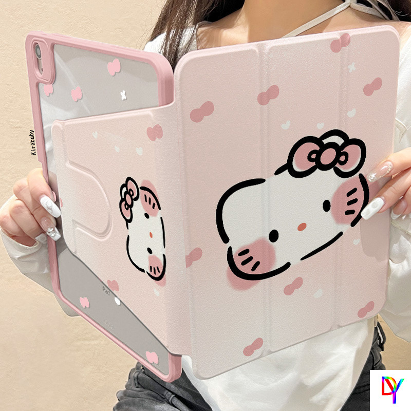 ลายคิตตี้น่ารักสีชมพู 720° เคส iPad หมุนได้ Air7-M3 2025 Gen11 A16 Air6/5 M2 mini6/7 อะคริลิค pro2024 M4 10 รุ่น 2022 gen7/8/9 ฝาครอบ iPad ป้องกันการตกพร้อมช่องเสียบปากกา