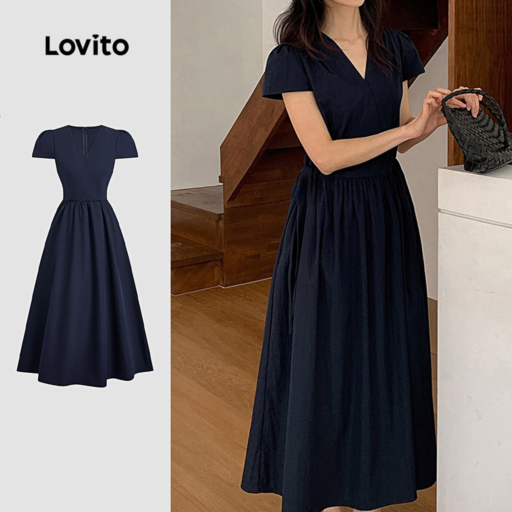 Lovito ชุดเดรสลำลอง สวมใส่สบายแต่มีสไตล์ ชุดเดรสสีน้ำเงินกรมท่าสำหรับผู้หญิงในฤดูใบไม้ผลิ/ฤดูร้อน L156AD296