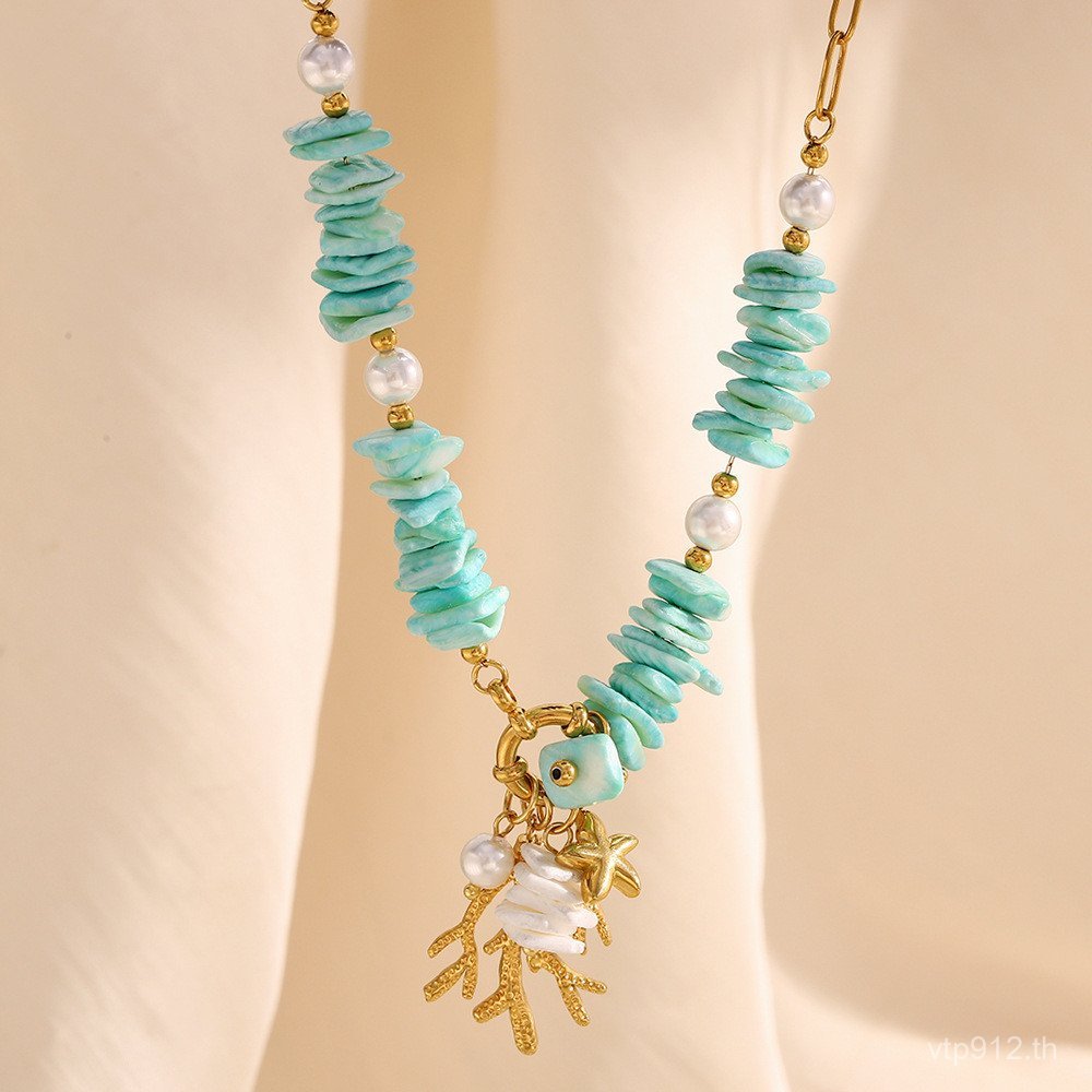 สร้อยคอจี้ทองปะการังชุบทองคำ18K ประดับหินธรรมชาติและสแตนเลส ออกแบบย้อนยุค มีQR code