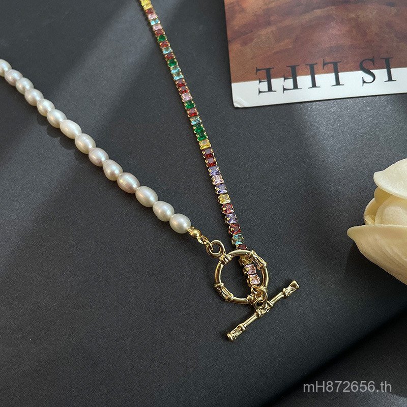 ใหม่แฟชั่นธรรมชาติหรูหราZircon Clavicle Chain otสร้อยคอหัวเข็มขัดหญิงInsสร้อยคอไข่มุกน้ําจืดที่มีสีส