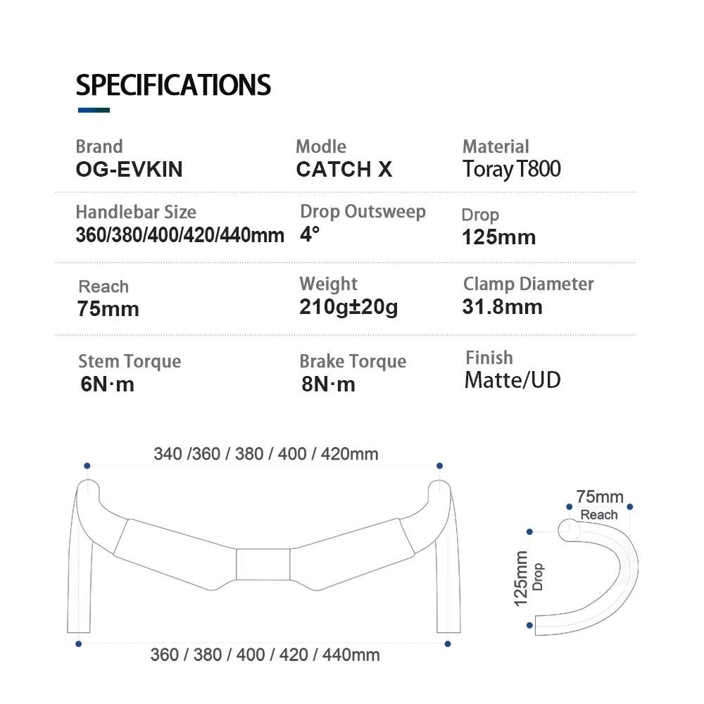 OG-EVKIN HB-CATCHX คาร์บอนจักรยาน Handlebar Drop bars 360/380/400/420/440 สําหรับ Road Racing จักรยา