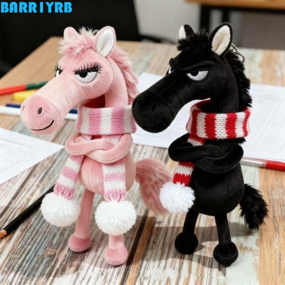 BARR1YRB พวงกุญแจม้า, การ์ตูนแฟนตาซีสไตล์ตุ๊กตา Pony ประณีตสีดําพร้อมผ้าพันคอสีชมพูจําลองม้าของเล่นของขวัญวันเกิด