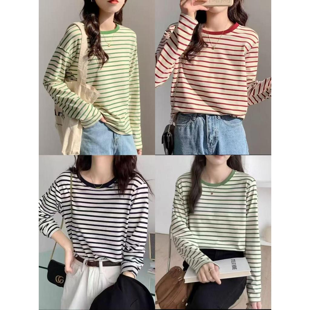 246มีให้เลือกหลายไซส์ ตั้งแต่เสื้อ ยืดแขนยาวS ถึง2XL เสื้อยืดผู้หญิง เสื้อยืดลายทางเกาหลี เก๋ ไก๋  เสือผ้า ราคาถูก
