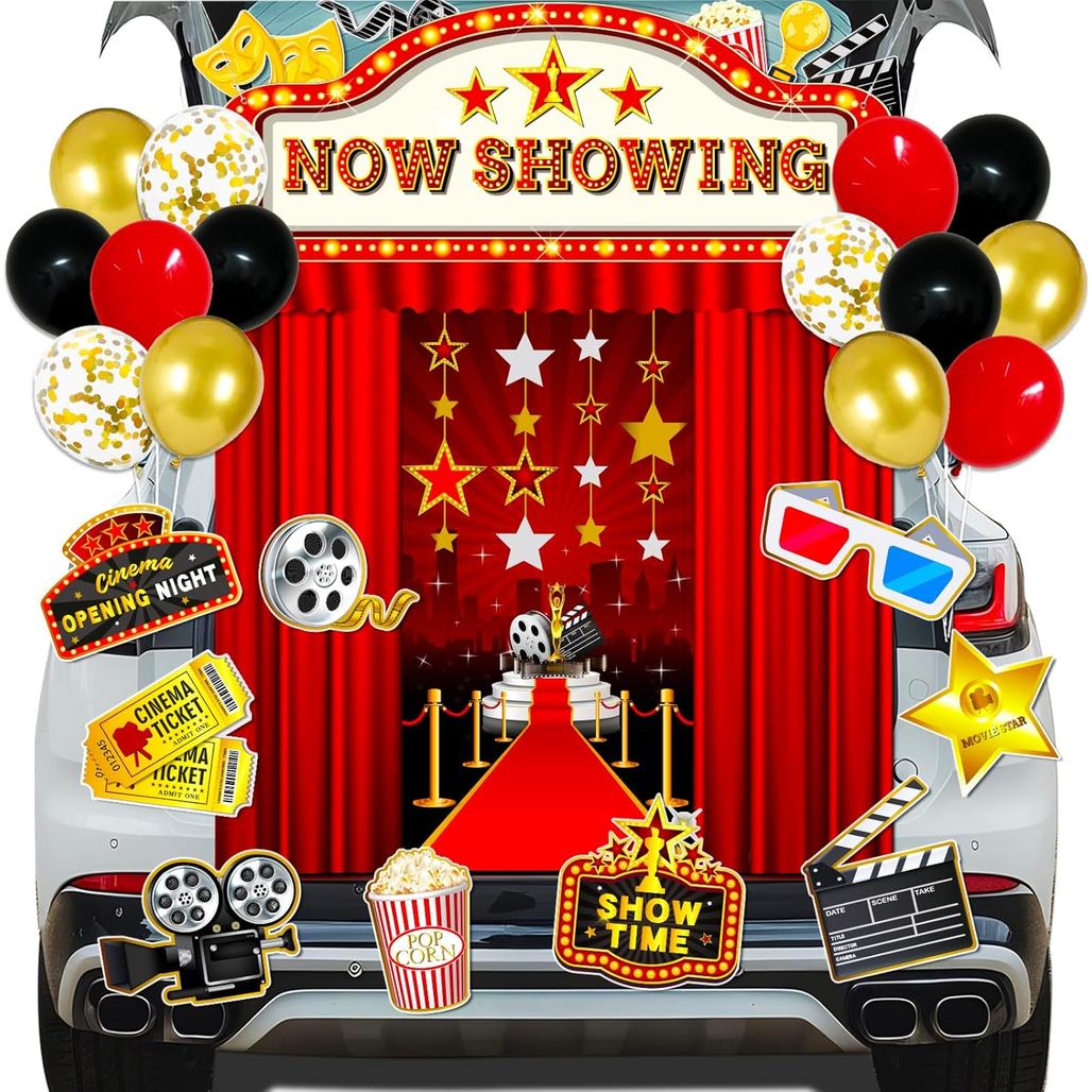 Halloween Trunk or Treat Car Decorations Kit with Red Cinema Theme Backdrop Curtains Cutouts for SUV