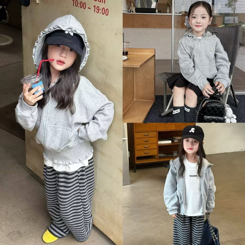 PRETTY BABY เสื้อแขนยาวเด็ก เสื้อคลุมเด็ก เสื้อแขนยาวมีฮู้ด สม็อคเอว ฮู้ดแต่งระบาย (1858)
