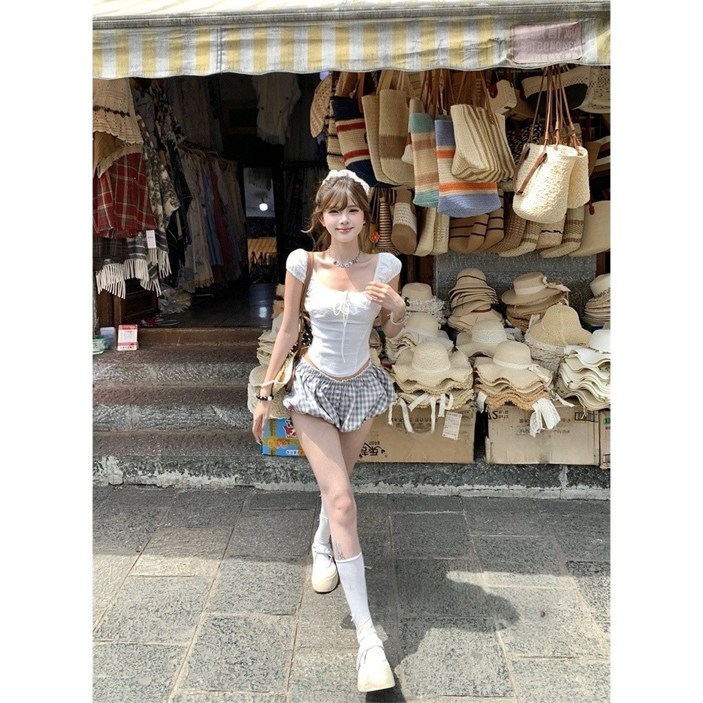 Hotpink ส่งจาก Bangkok สาวฮอต ทรงเข้ารูป เสื้อยืดคอเหลี่ยม เสื้อแขนสั้นฤดูร้อน เสื้อแขนพอง ราคา ถูกที่สุด ดีลบีเคเค แกลเลอรีภาพที่ 7