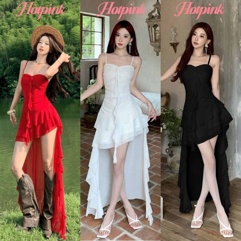 Hotpink ส่งจาก Bangkok ชุดเดรสแฟชั่นผู้หญิง ชุดเดรสผ่าท่อนบนของสาวร้อน กระโปรงยาวกลางผ่าผ่าไม่ปกติ